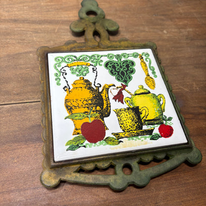 Vintage Cast Iron Tile Trivet Coffee Teapot Design