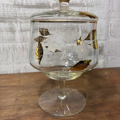 Mid Century Gold Leaf Etched Glass Candy Dish