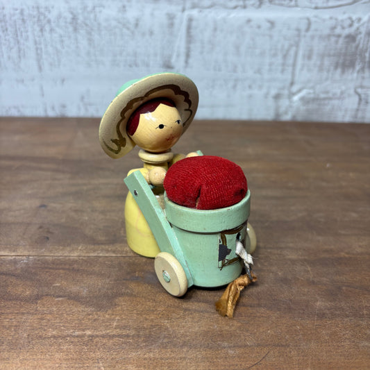 Vintage Wood Figure Pushing Cart Pin Cushion Tape Measure