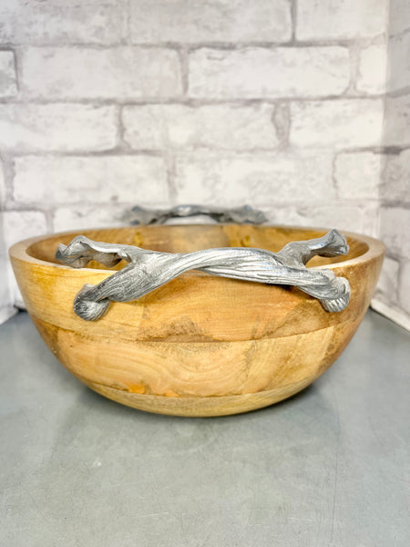 Wood Serving Bowl W/ Silver Leaf Handles