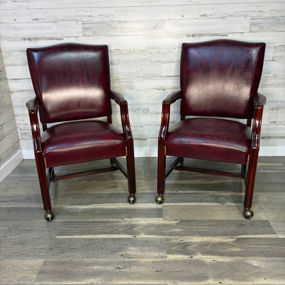 Set Of 2 Red Leather Accent Chairs On Wheels