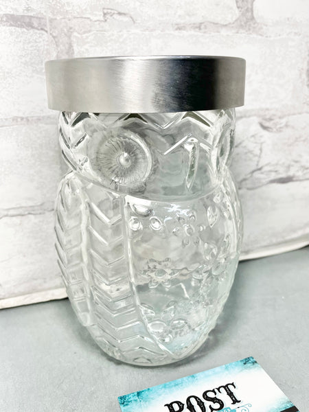 Owl Canister Glass Jar W/ Silver Screw On Lid