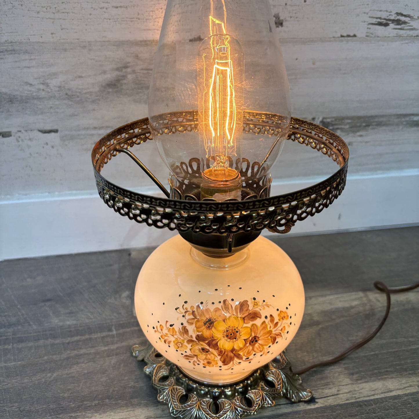 Vintage Floral Milk Glass Hurricane Lamp