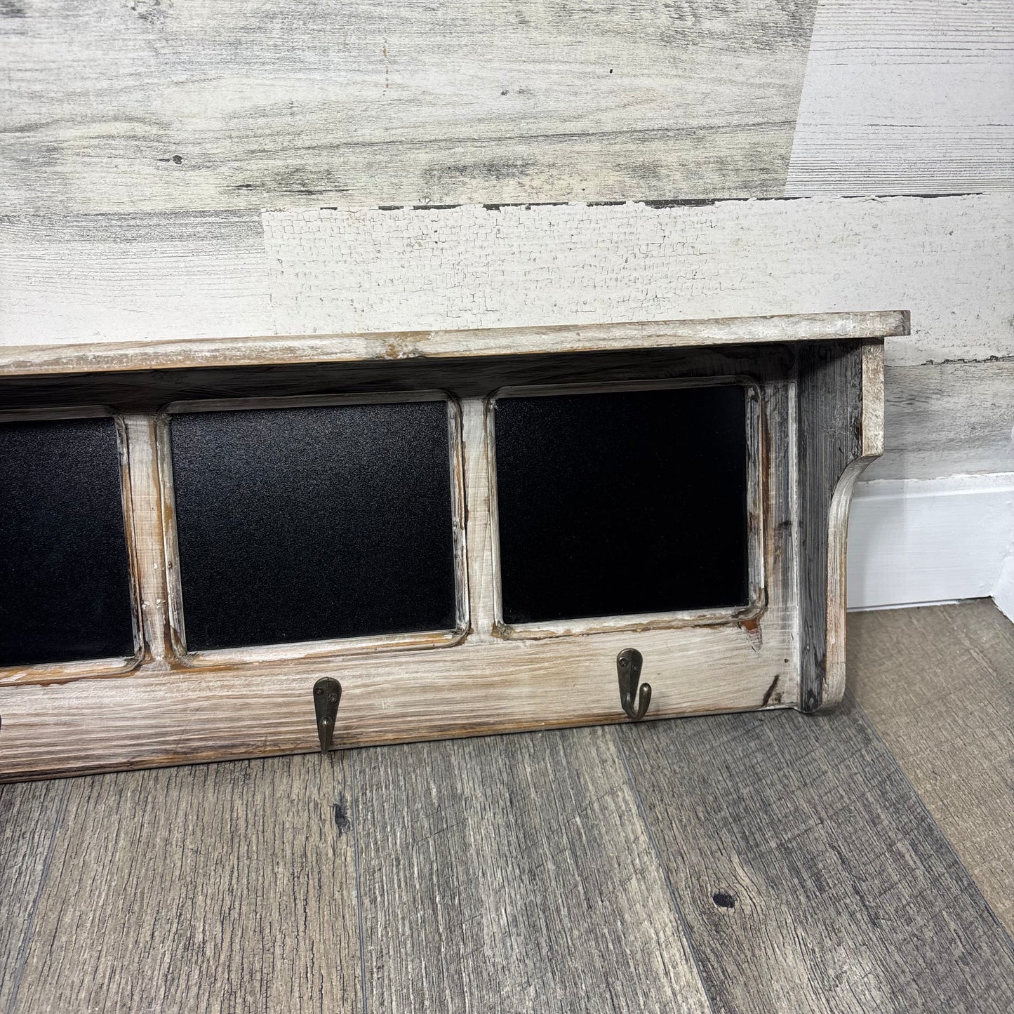 Wooden Shelf With Hooks & Chalkboard