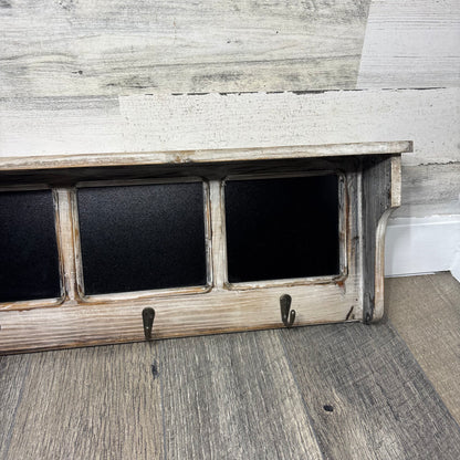 Wooden Shelf With Hooks & Chalkboard