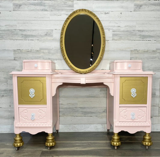 Pink & Gold Antique Vanity Desk & Mirror