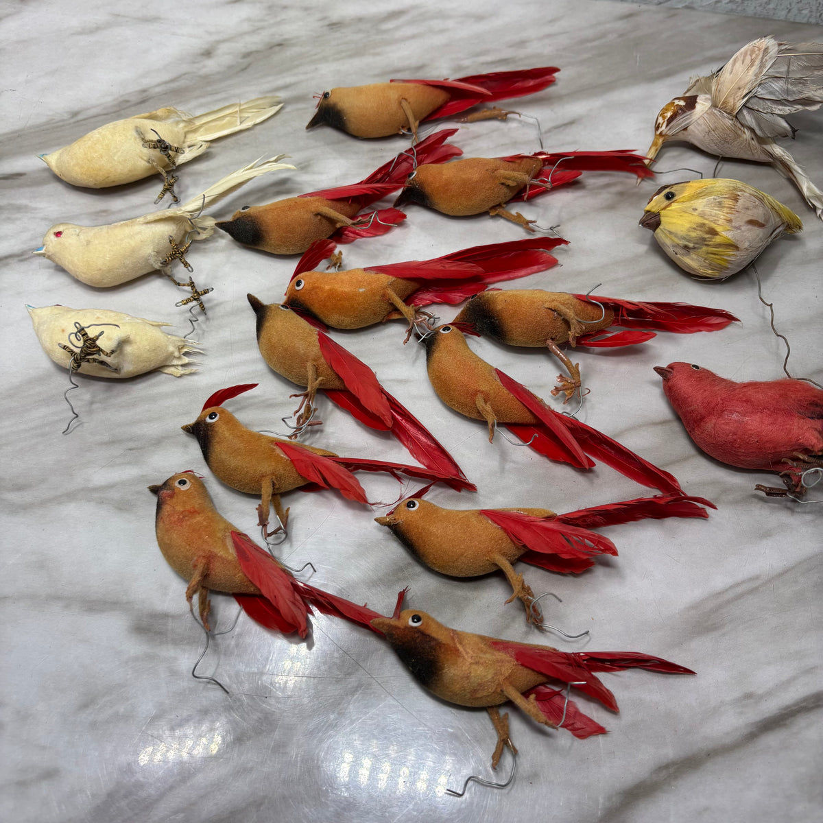 Vintage and Antique Feathered and Flocked Bird Ornament Lot