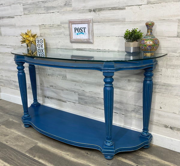 Navy Blue Sofa Table W/ Glass Top