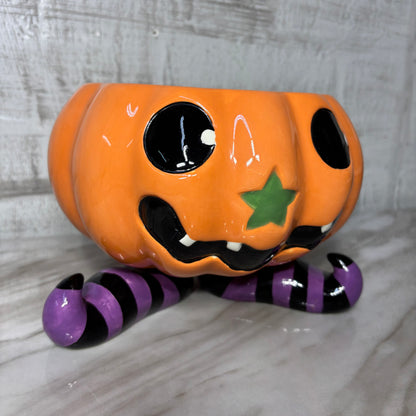 Ceramic Jack O Lantern Candy Dish W/ Witch Feet
