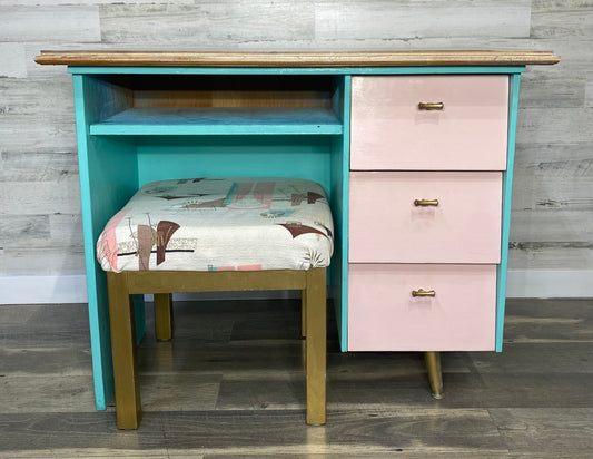 Teal & Pink Mid Century Vanity Desk Set