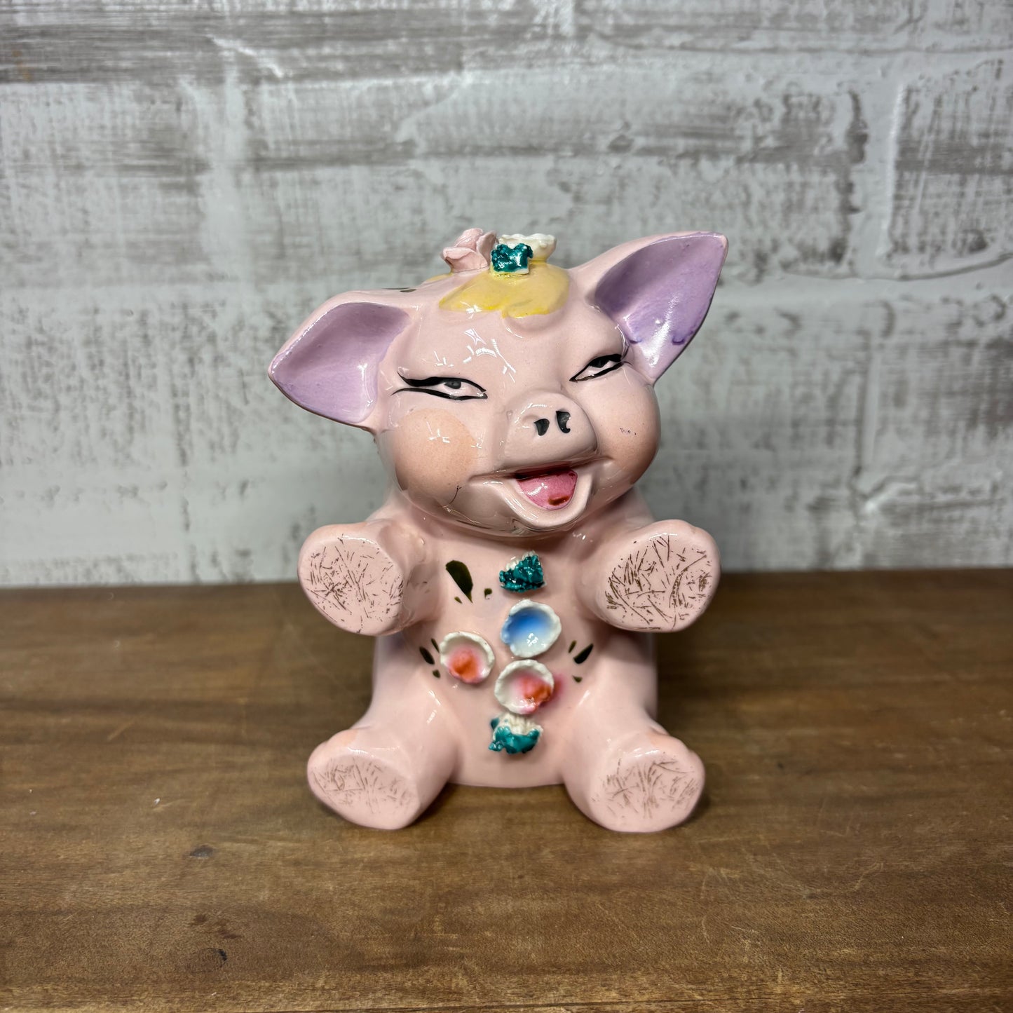 Vintage Porcelain Piggy Bank W/ Small Roses- No Stopper
