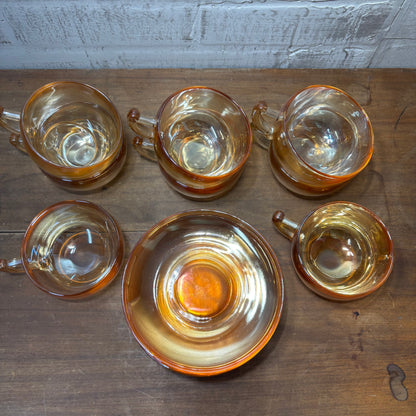 Vintage Jeanette Glass Marigold Iridescent Carnival Glass Teacups And Saucers Set