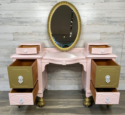 Pink & Gold Antique Vanity Desk & Mirror