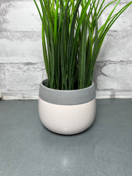 Faux Grass In Gray/ White Ceramic Pot