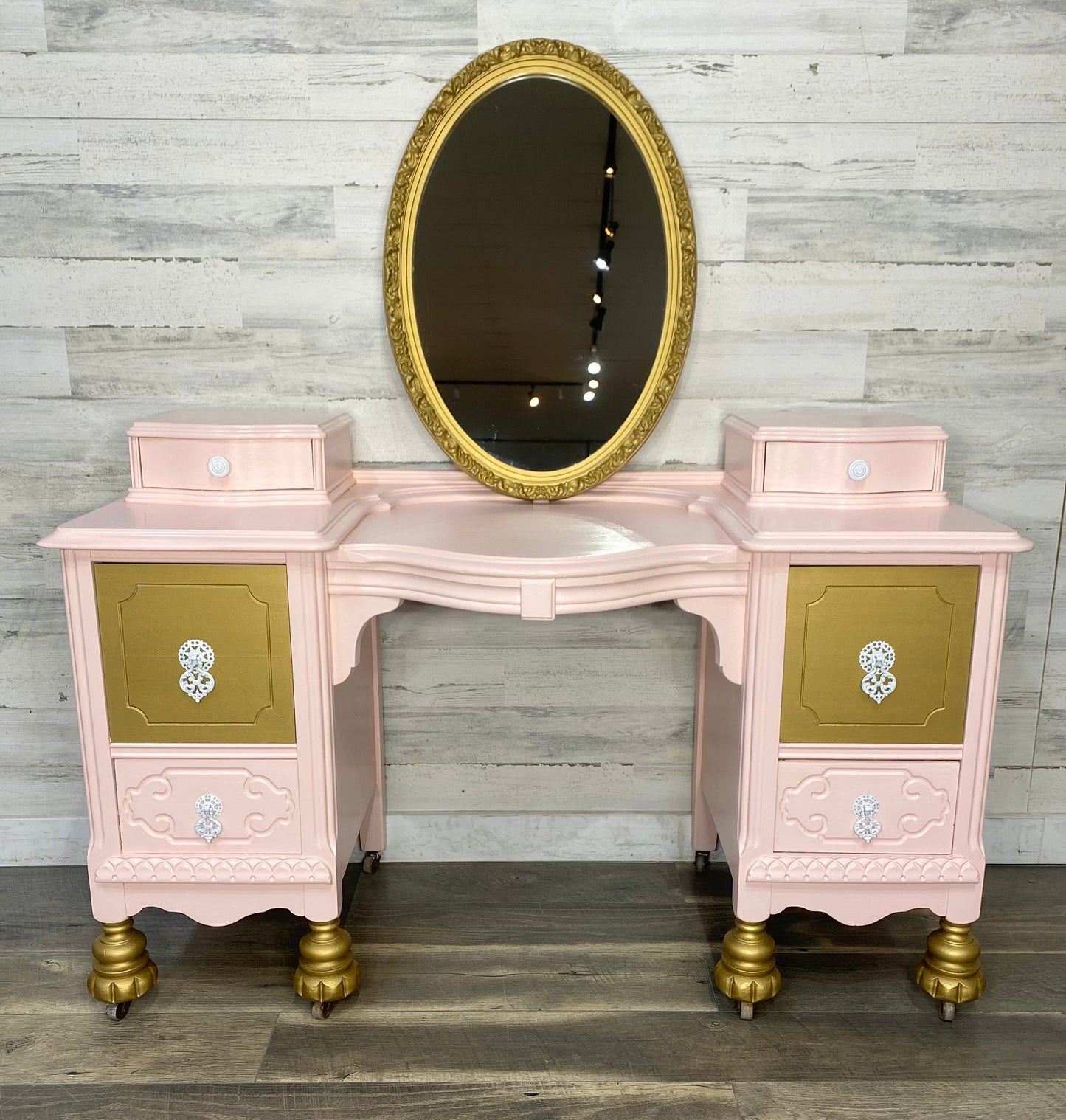 Pink & Gold Antique Vanity Desk & Mirror