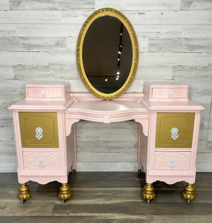 Pink & Gold Antique Vanity Desk & Mirror