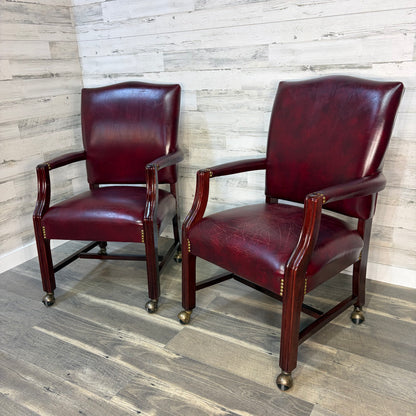 Set Of 2 Red Leather Accent Chairs On Wheels