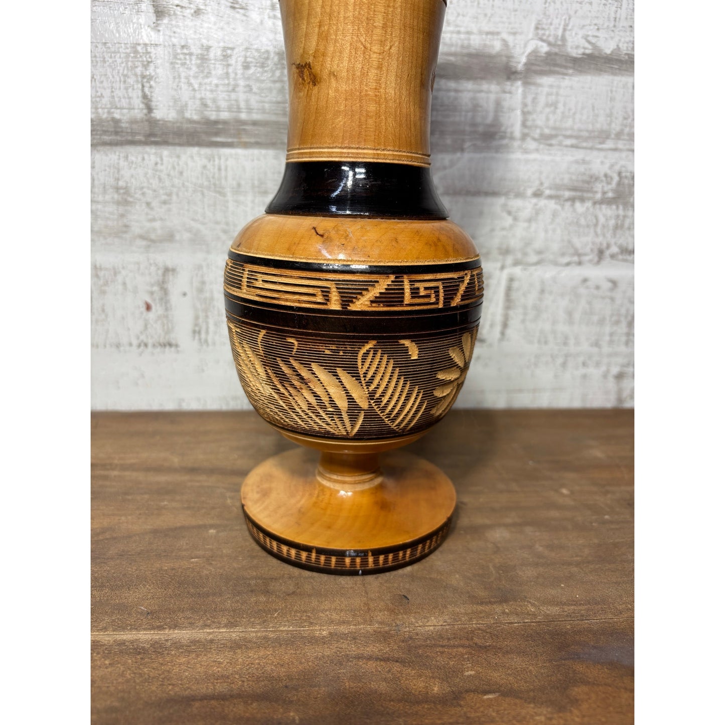 Carved Etched Floral Wooden Vase