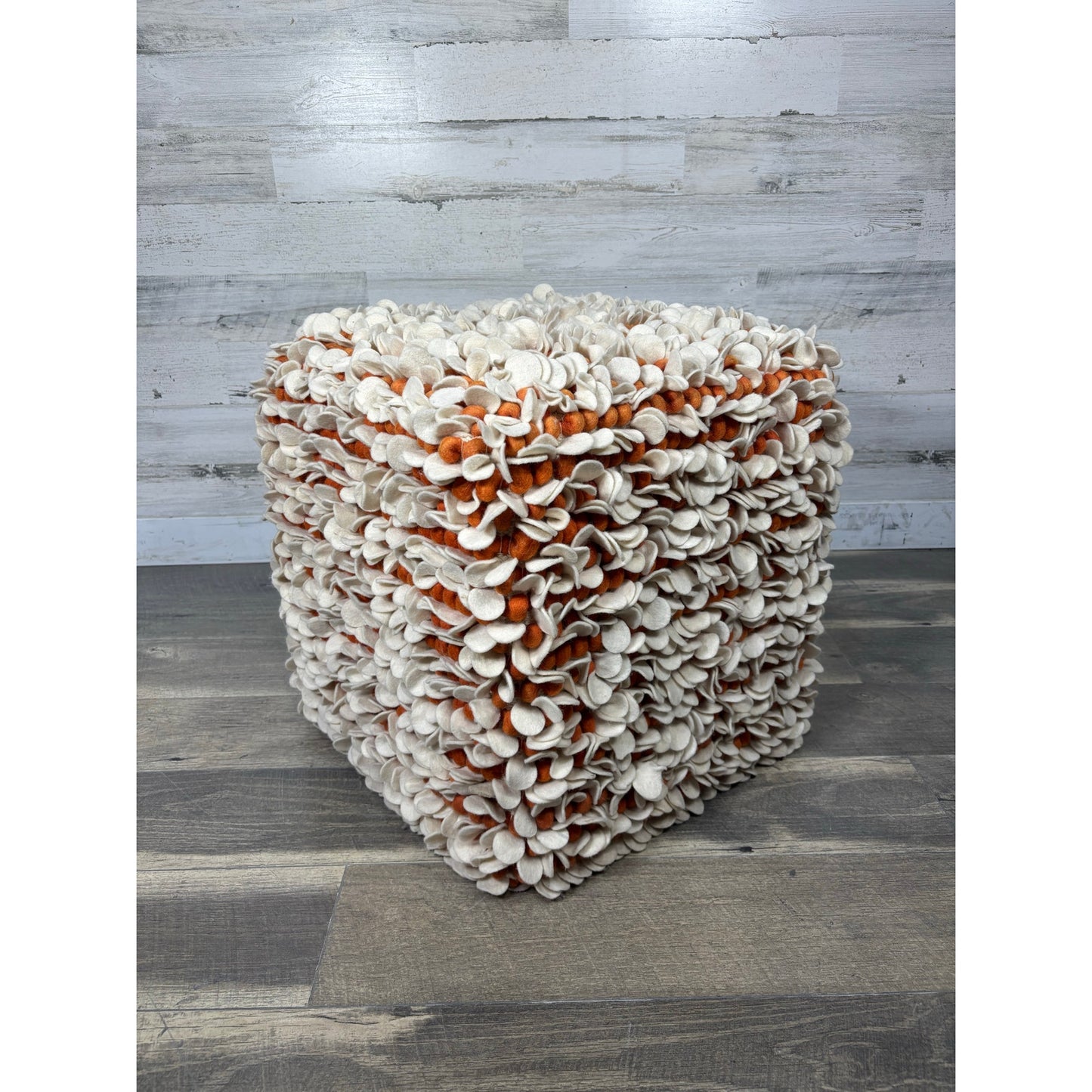 Modern Wool Pouf White & Orange
