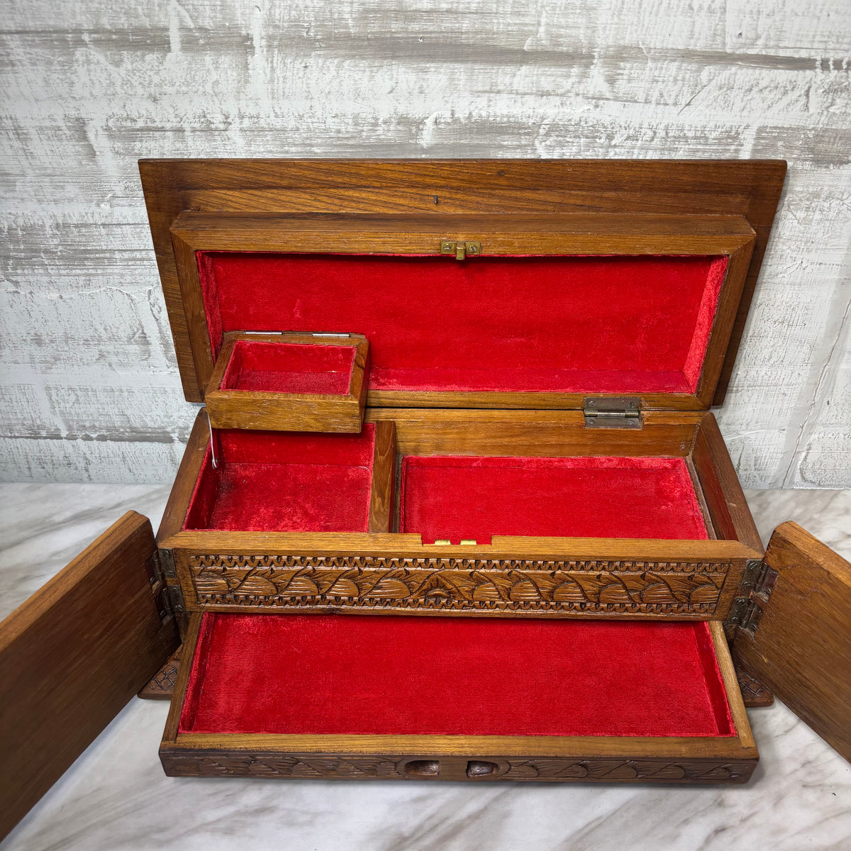 Vintage Carved Wooden Jewelry Chest
