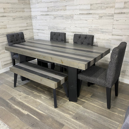 Rustic Dining Set Gray & Black Stripe Table