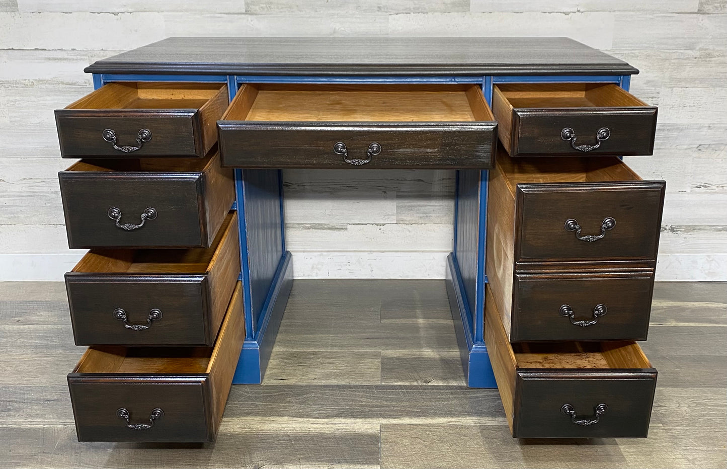 Navy Blue Desk W/ Dark Wood