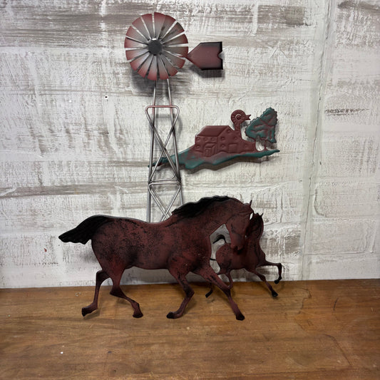 Vintage Metal Farmhouse Windmill & Horses Wall Decor