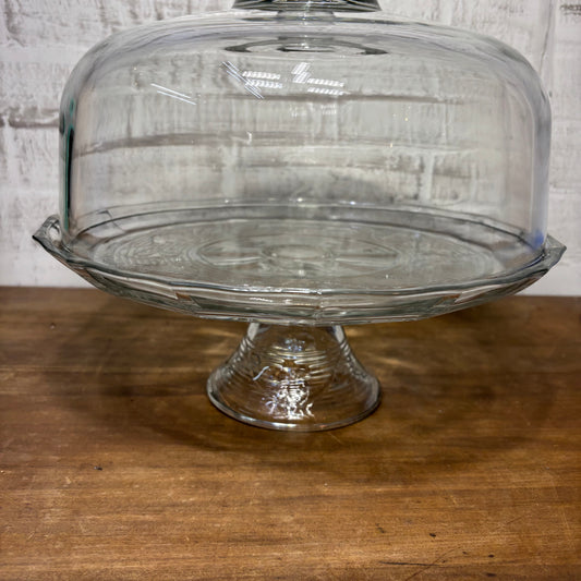 Vintage Anchor Hocking Avalon Footed 2pc Glass Cake Stand W/ Dome