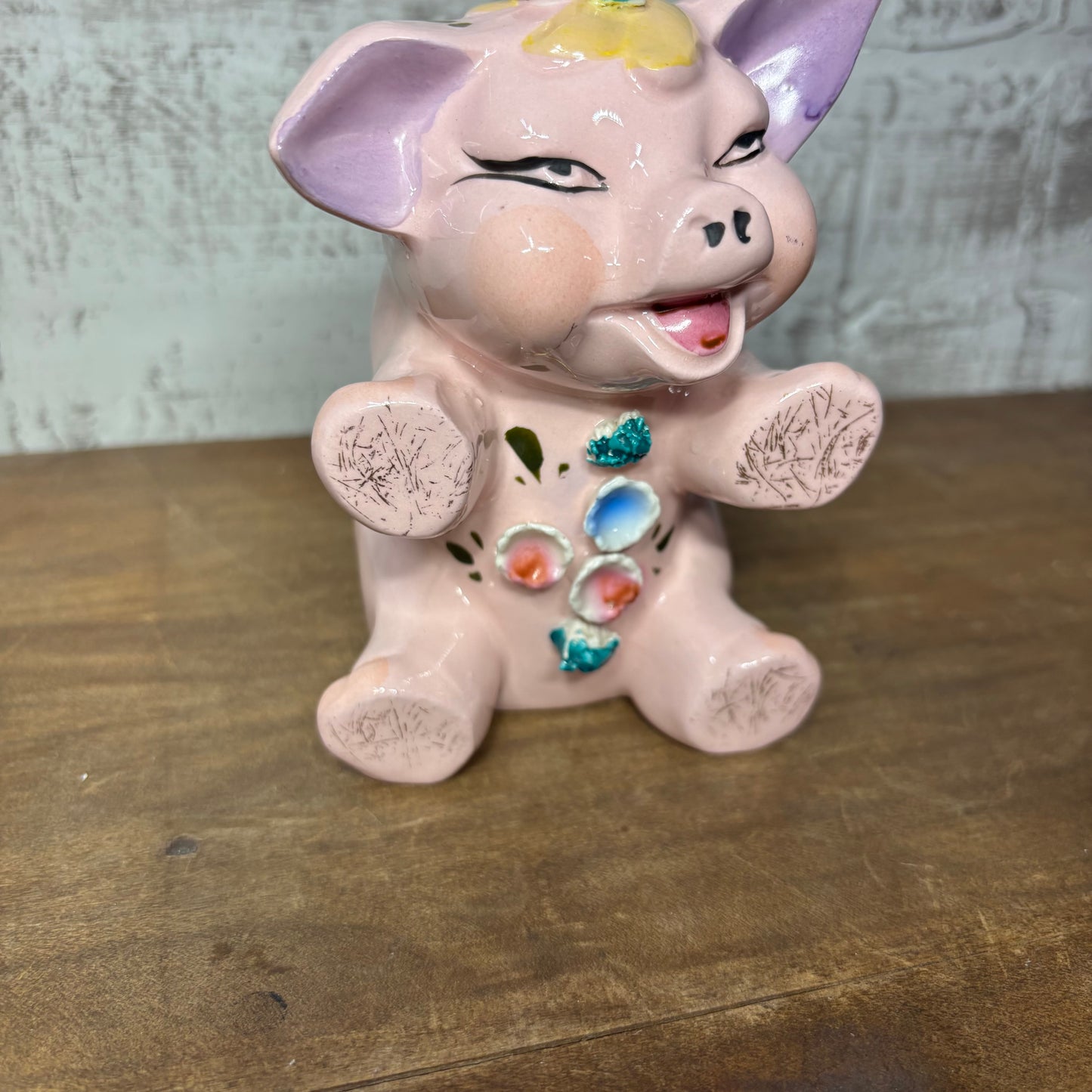 Vintage Porcelain Piggy Bank W/ Small Roses- No Stopper