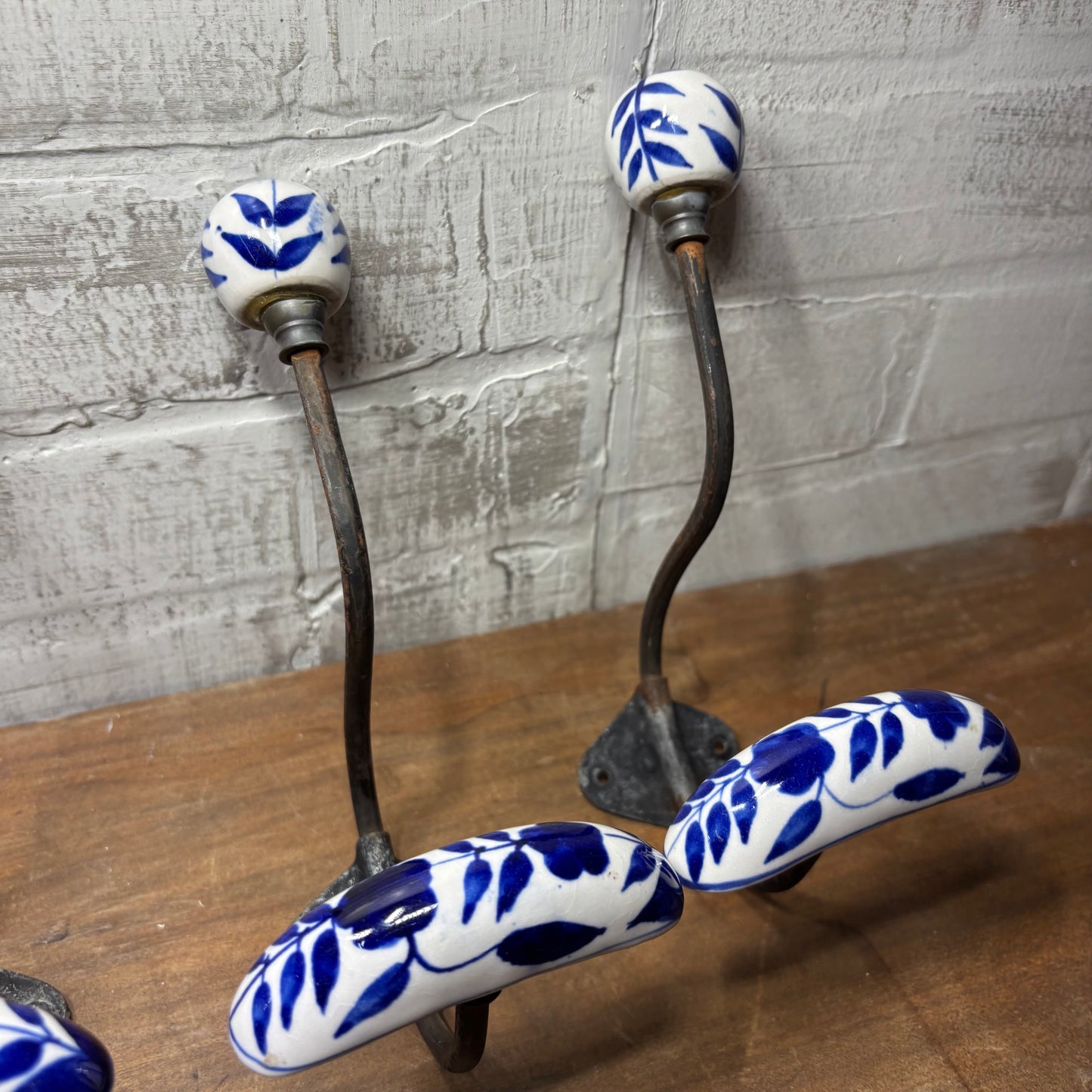 Antique Porcelain Blue And White Hooks Set Of 3