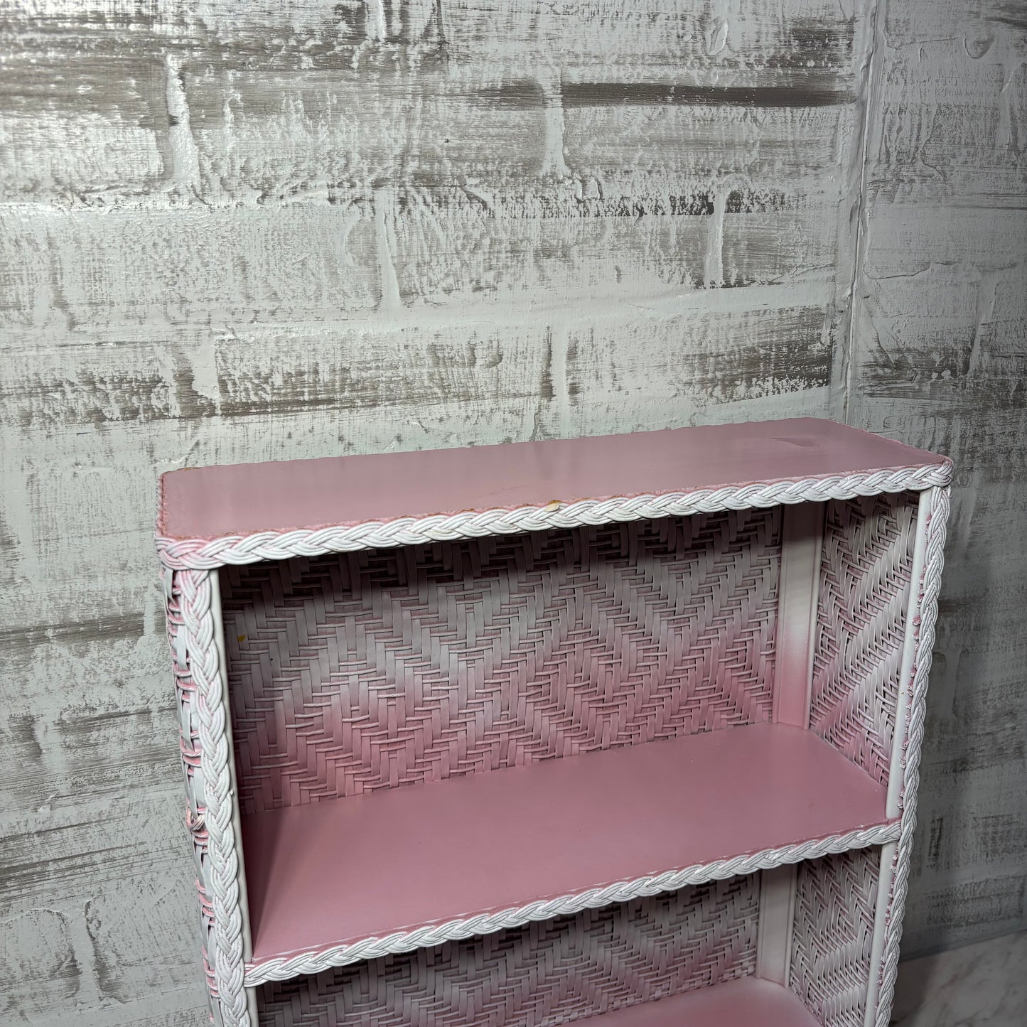 White And Pink Ombre Mid Century Wicker Shelf