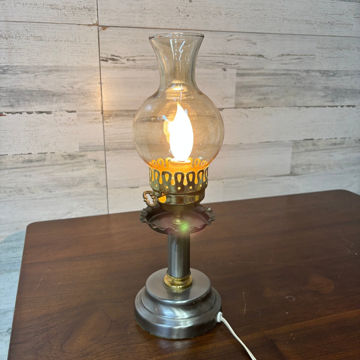 Vintage Hurricane Style Electric Table Lamp-Silver