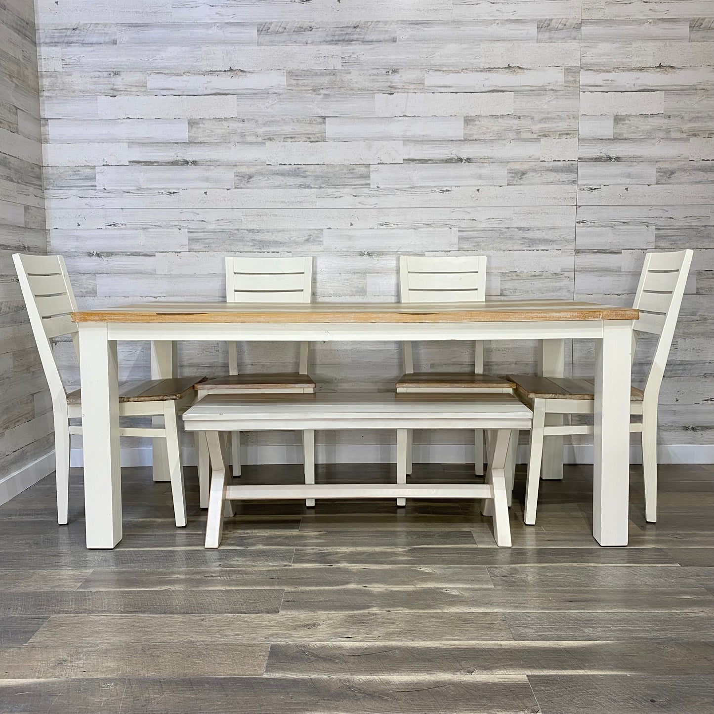 Farmhouse White Dining table, Chairs, & Bench