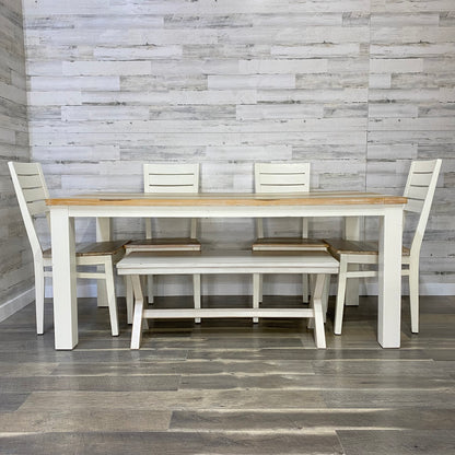 Farmhouse White Dining table, Chairs, & Bench