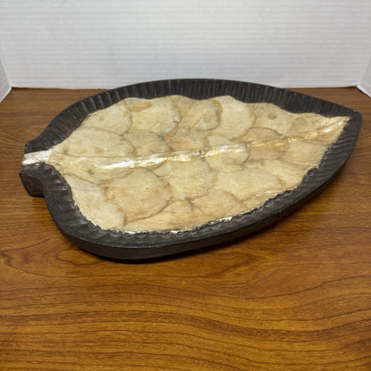 Carved Wood Leaf Shape Bowl Party Serving Decor W/ Shell Accent