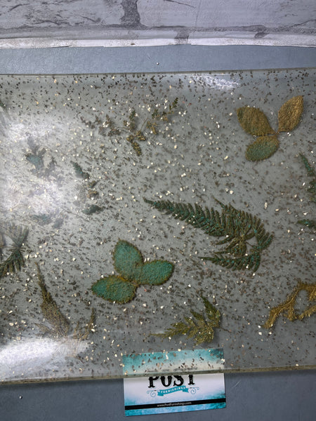 Vintage Lucite Dried Botanical Iridescent Gold Flake Tray