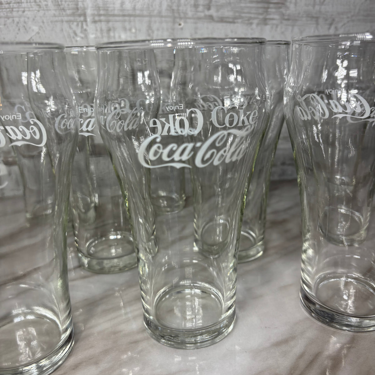 Vintage Coca-Cola White Logo "Enjoy Coke" Clear Drinking Glass Set Of 13