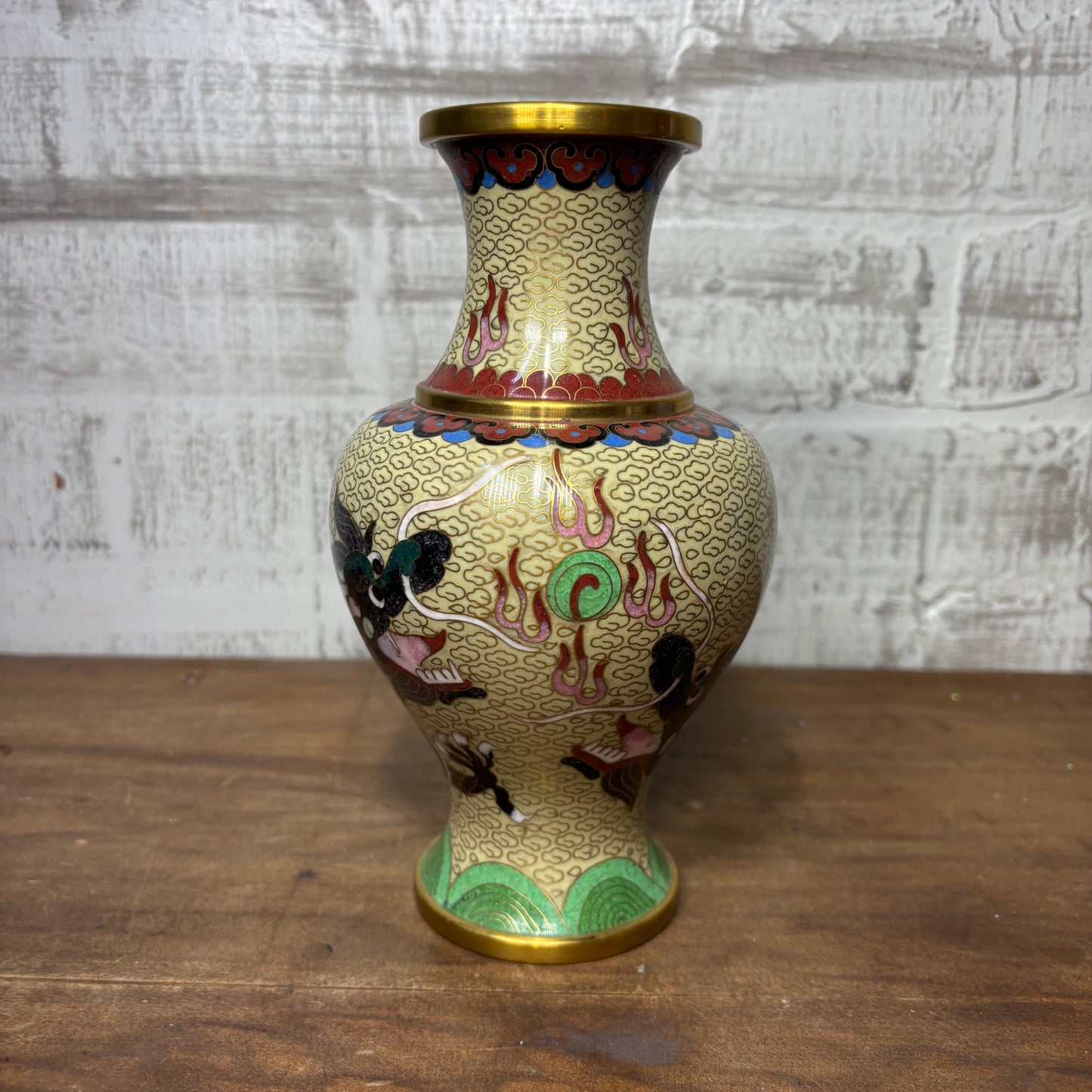 Vintage Cloisonné Asian Dragon Design Brass Vase