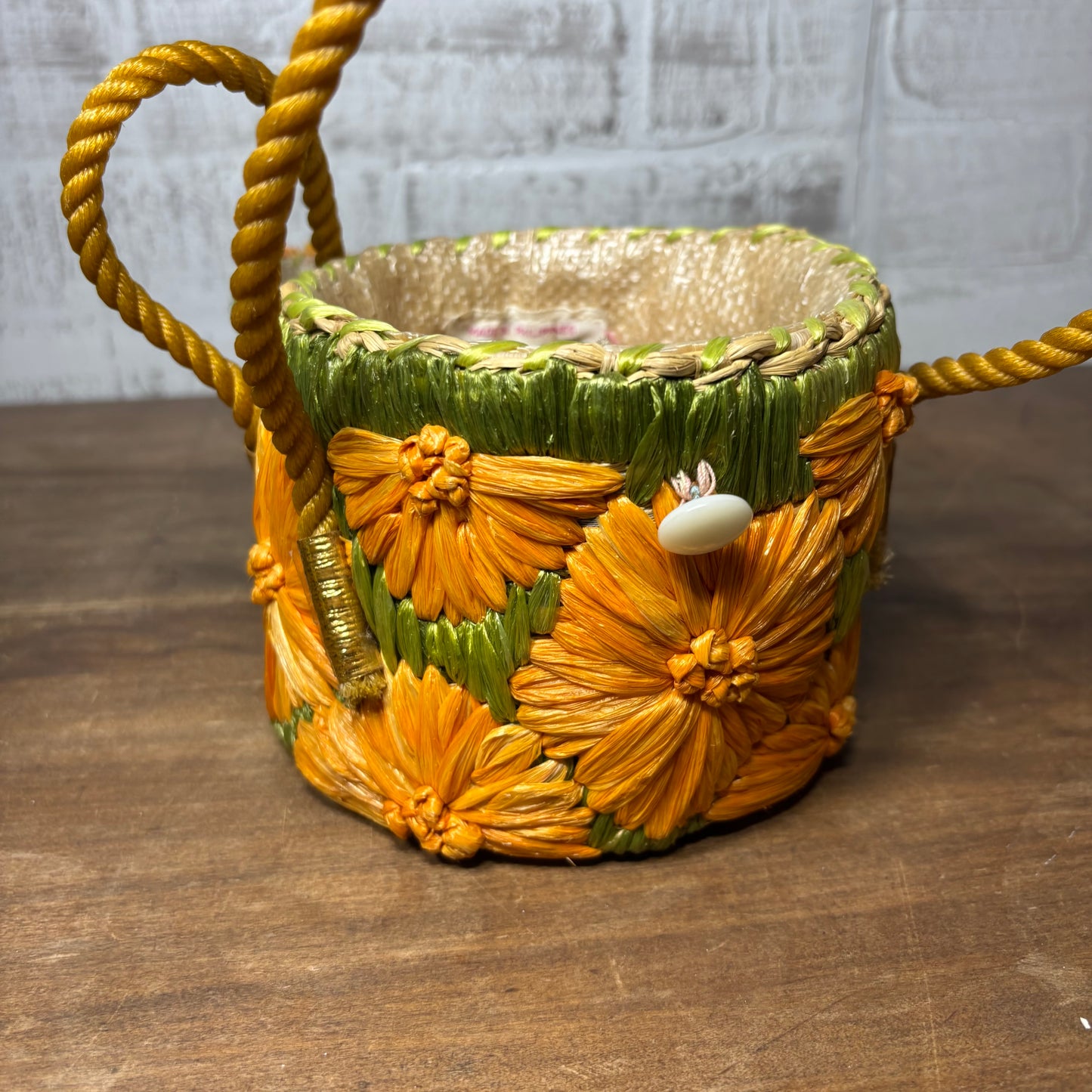 Vintage Orange Flower Raffia Straw Tote Cabana Bag
