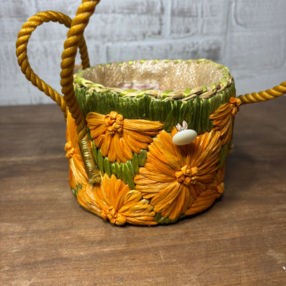 Vintage Orange Flower Raffia Straw Tote Cabana Bag