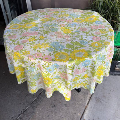 Vintage 1970s Pastel Floral Round Tablecloth