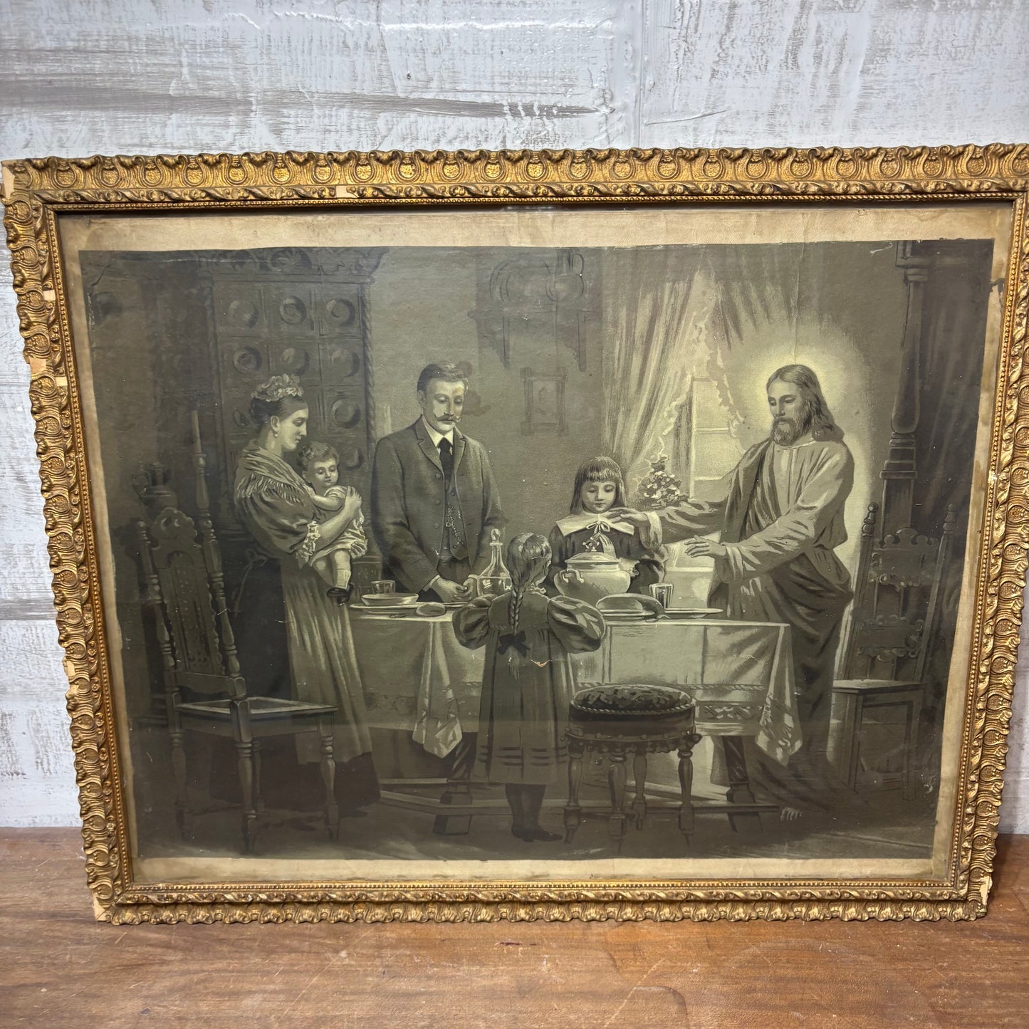 Framed Antique Print “Jesus Blessing Meal with Victorian Family at Dinner Table”