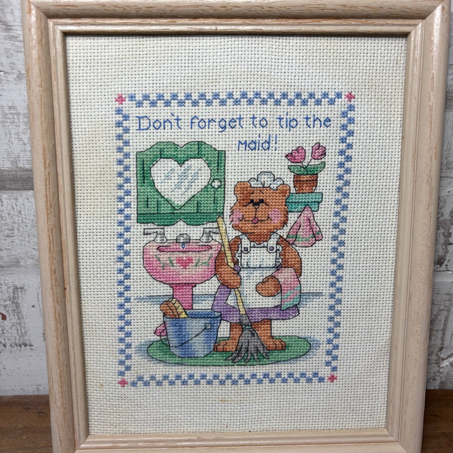 Hand Made Cross Stitched "Don't Forget To Tip The Maid" Wall Art