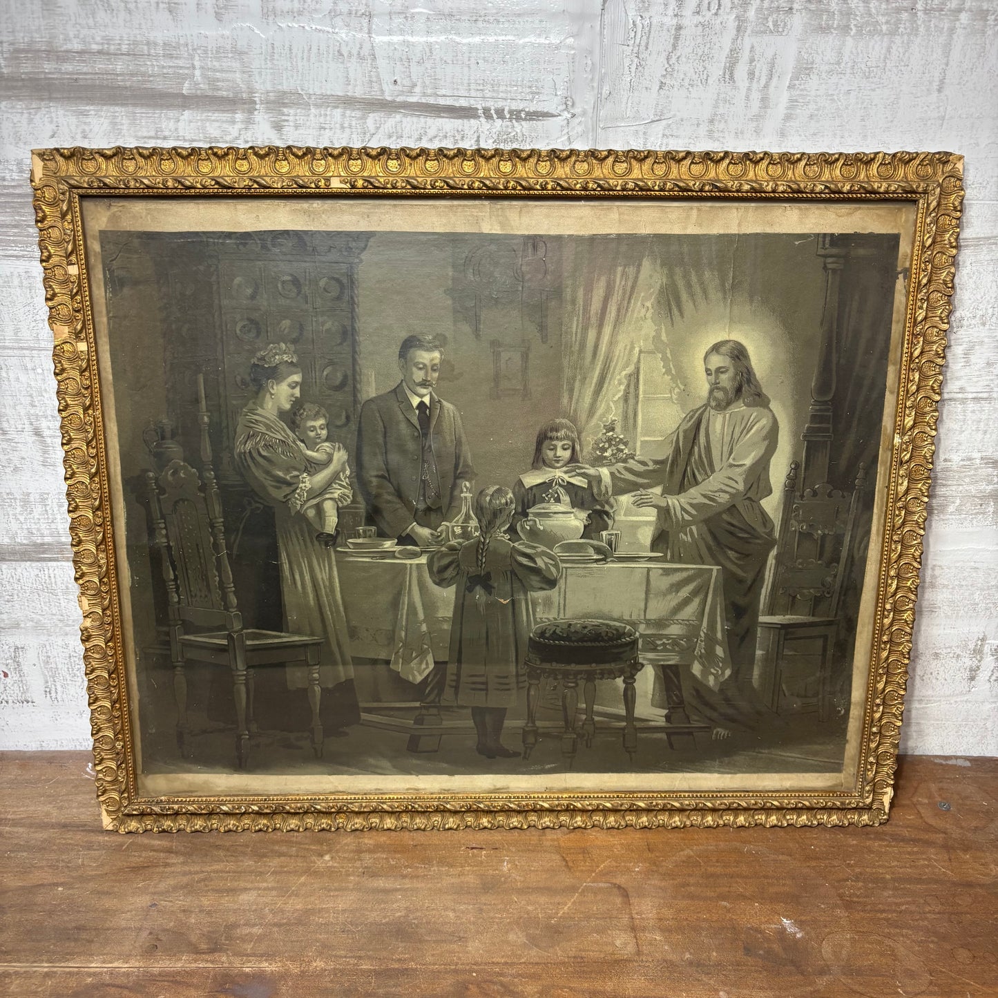 Framed Antique Print “Jesus Blessing Meal with Victorian Family at Dinner Table”