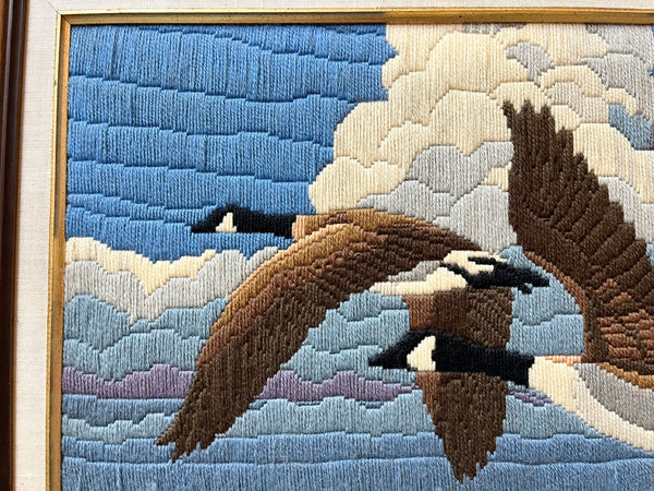 Vintage “Geese In Flight” Embroidered Art In Frame