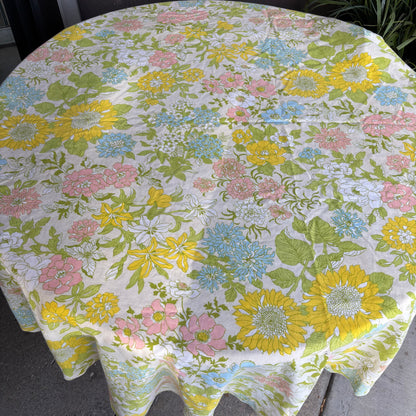 Vintage 1970s Pastel Floral Round Tablecloth