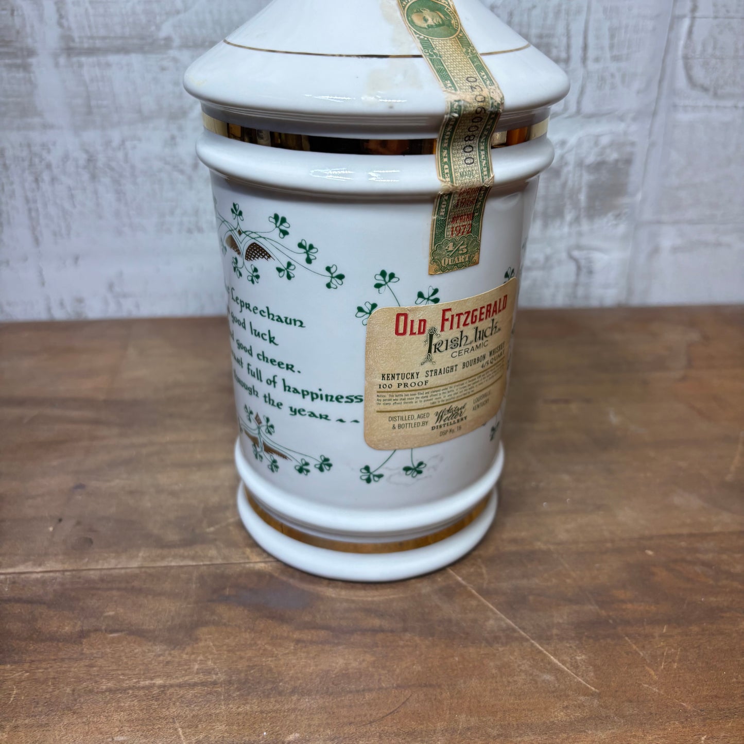 Vintage 1972 Old Fitzgerald Irish Luck Ceramic Decanter
