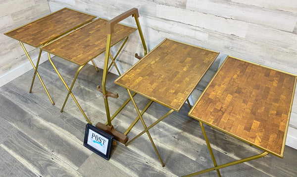 Vintage TV Trays With Stand Cart Set of 4 Faux Parquet Wood Metal Retro