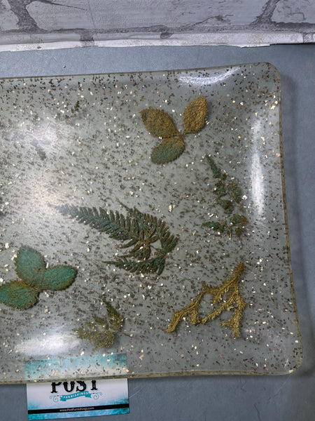 Vintage Lucite Dried Botanical Iridescent Gold Flake Tray