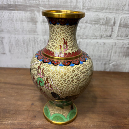 Vintage Cloisonné Asian Dragon Design Brass Vase